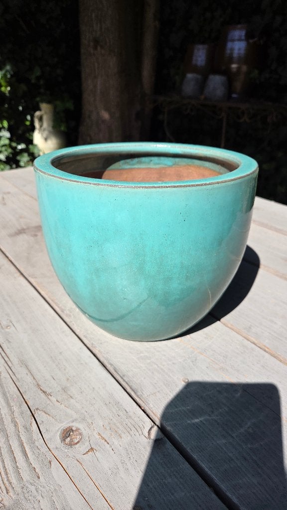 Aardewerk bloempot turquoise groen 20 cm hoog, Ophalen, Rond, Zo goed als nieuw, Minder dan 40 cm