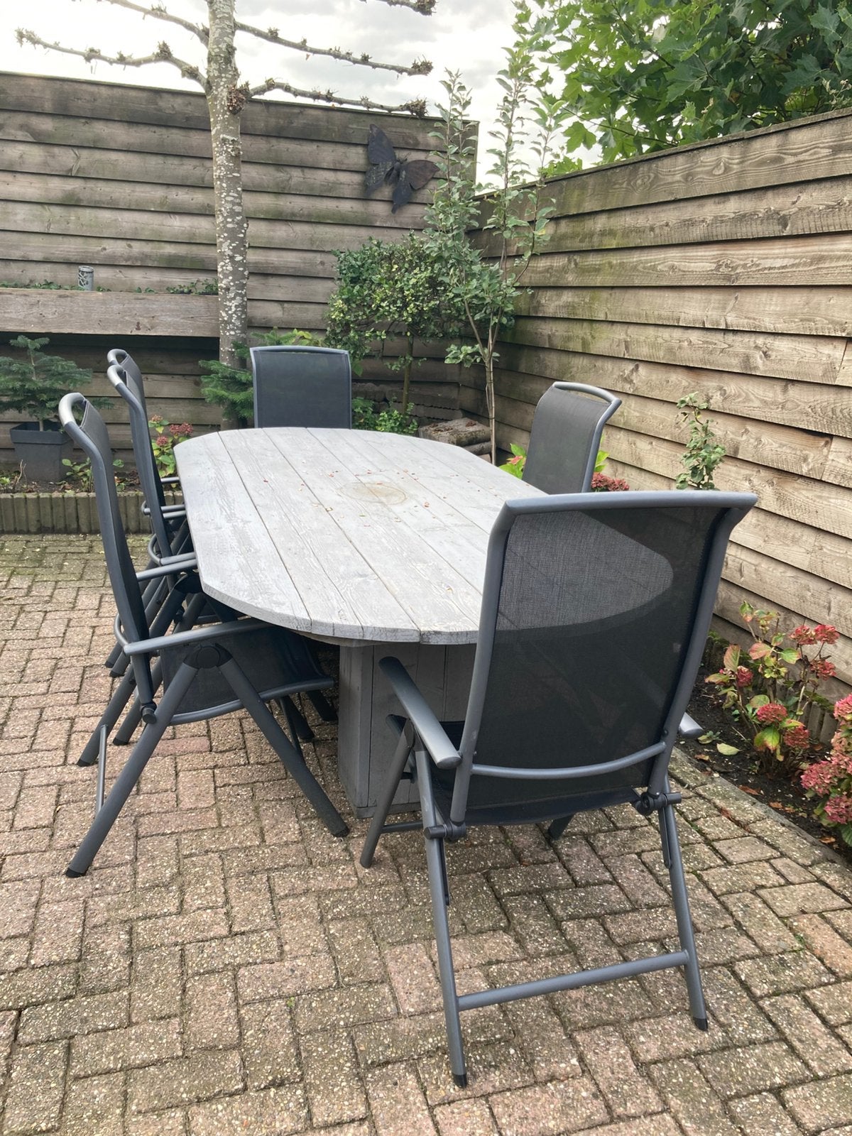 Tuinset, 6 stoelen en steigerhouten tafel., Ophalen, Gebruikt, 6 zitplaatsen, Steigerhout