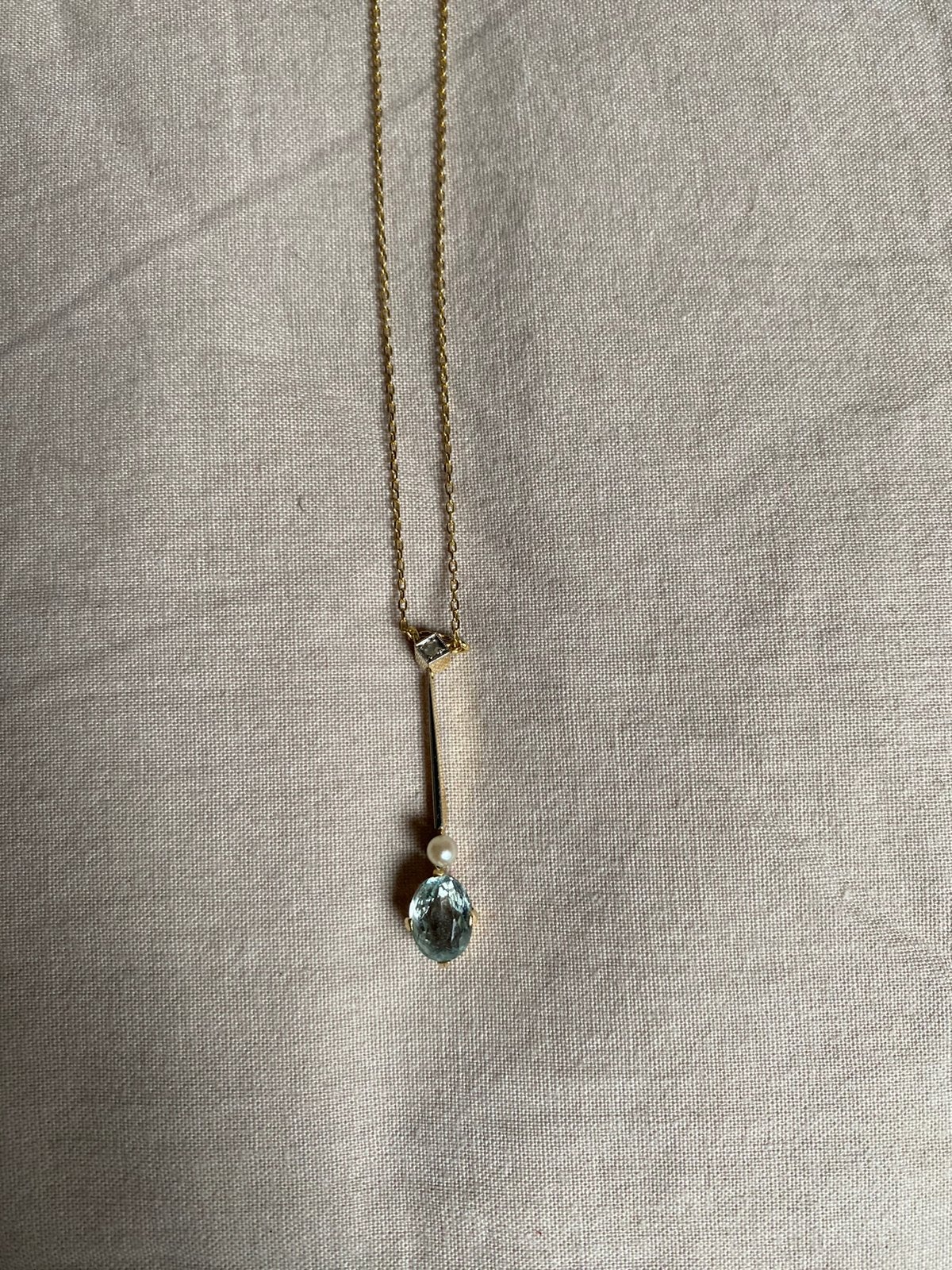 Vintage ketting collier met aquamarijn parel diamant 14k, Verzenden, Zo goed als nieuw, Goud