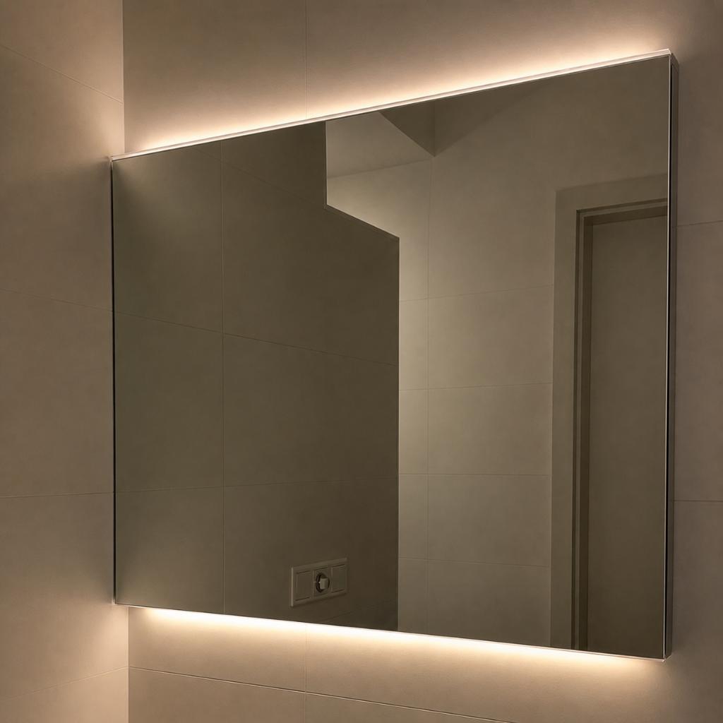Badkamerspiegel 80x70cm, LED + backlight + spiegelverwarming, Ophalen, Overige typen, 50 tot 100 cm, Zo goed als nieuw