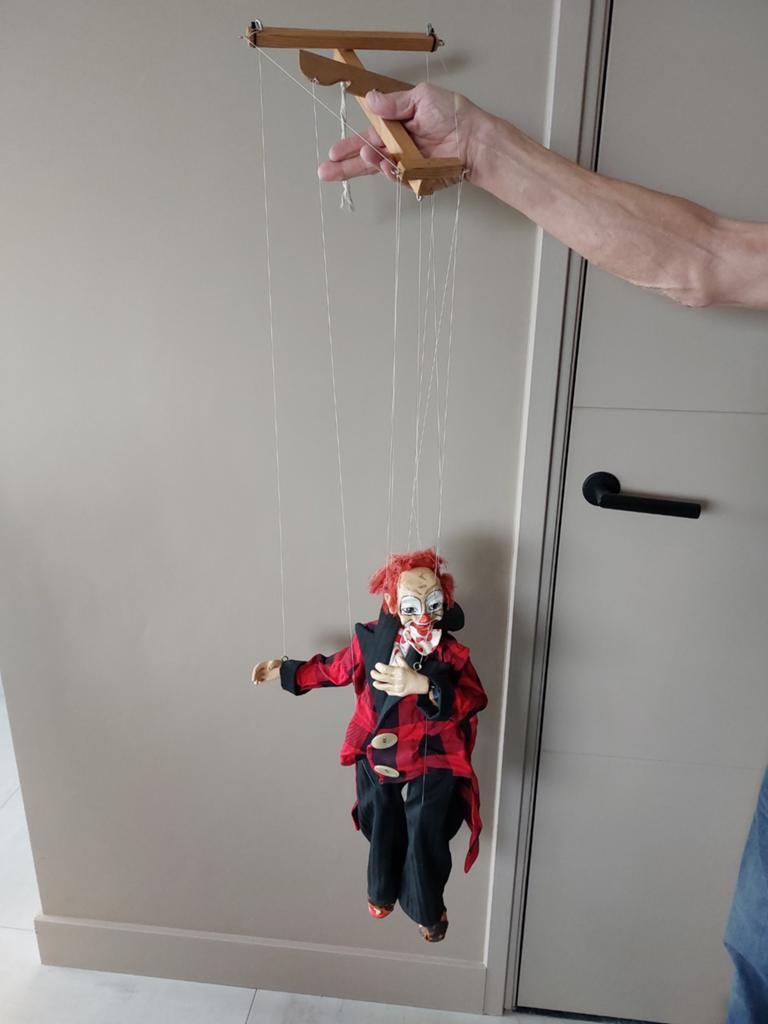 Vintage Clown Marionet - Handgemaakte Houten Pop, Verzamelen, Poppen, Ophalen of Verzenden