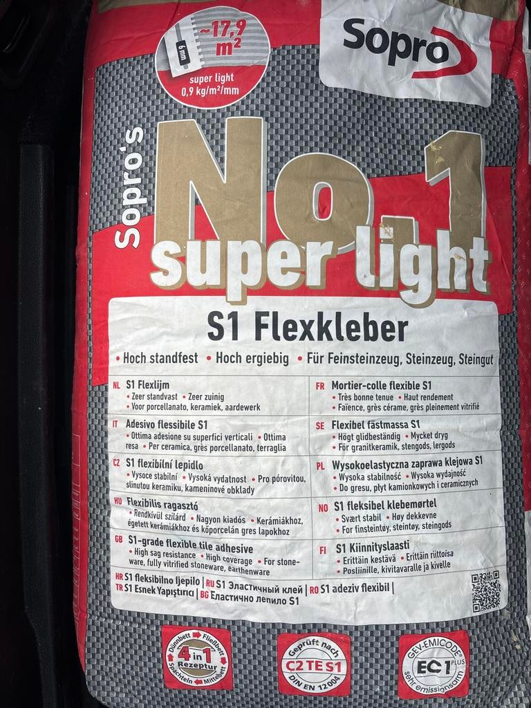 Sopro No.1 400 Flexibele Tegellijm 25 kg - Super Licht S1, Doe-het-zelf en Verbouw, Tegels, Nieuw, Overige typen, Overige materialen