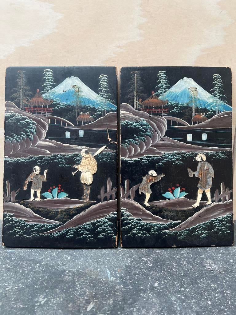 Antieke Japanse wandpanelen (ca. 1900) met reliëf, Antiek en Kunst, Ophalen of Verzenden