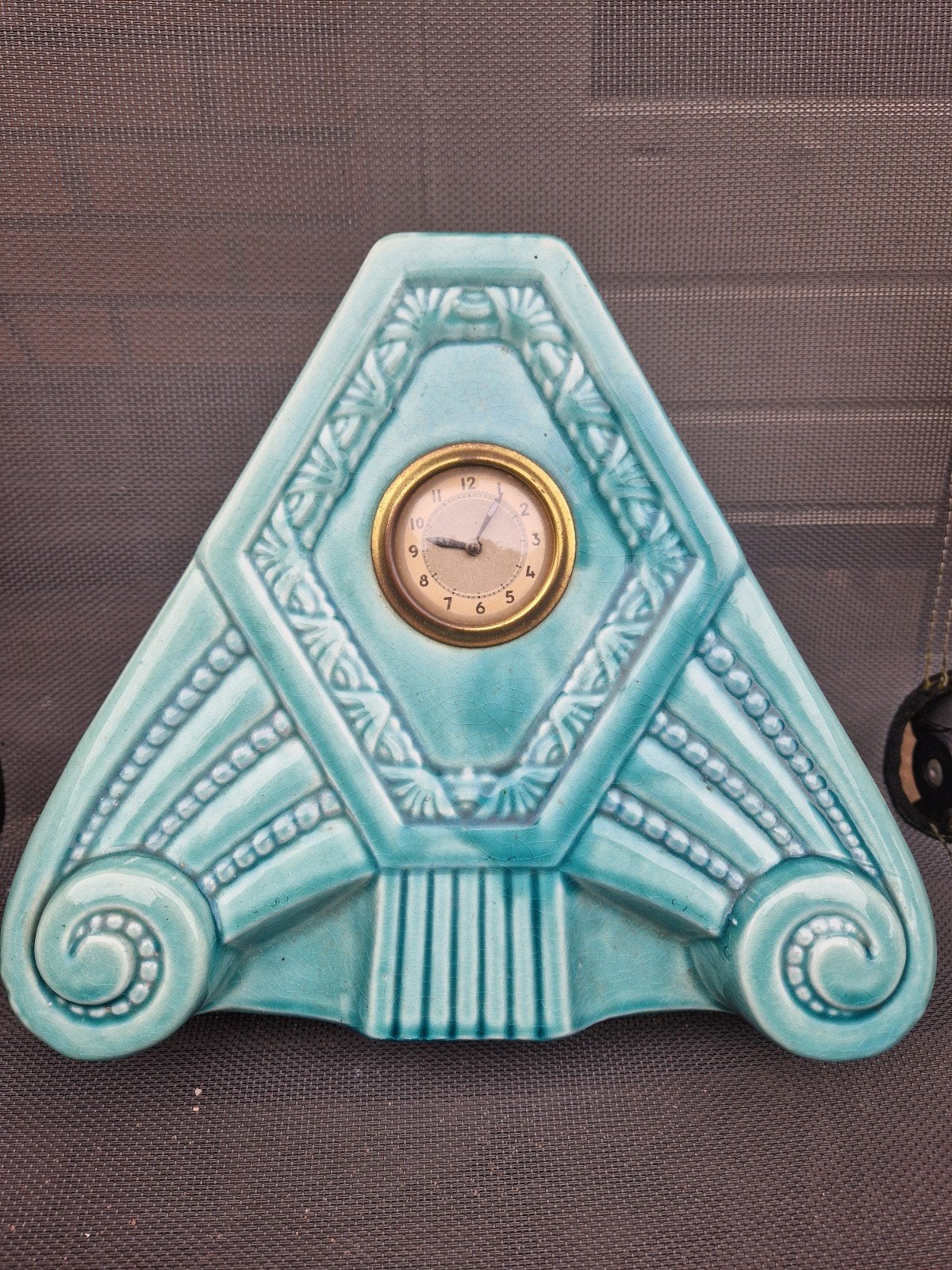 Art Deco turqoise klok keramiek driehoek Frankrijk, Antiek en Kunst, Ophalen