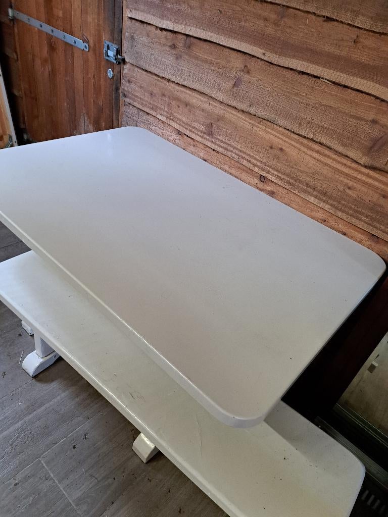 massief eiken eetkamertafel + bankje gratis op te halen., Huis en Inrichting, Tafels | Eettafels, Ophalen, Gebruikt, 50 tot 100 cm