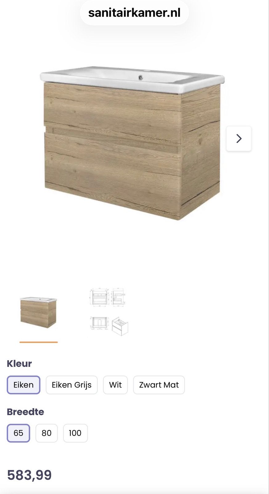 Best Design Quick 65cm Greeploos Badkamermeubel Eiken, Ophalen, Nieuw, 50 tot 100 cm, Minder dan 100 cm