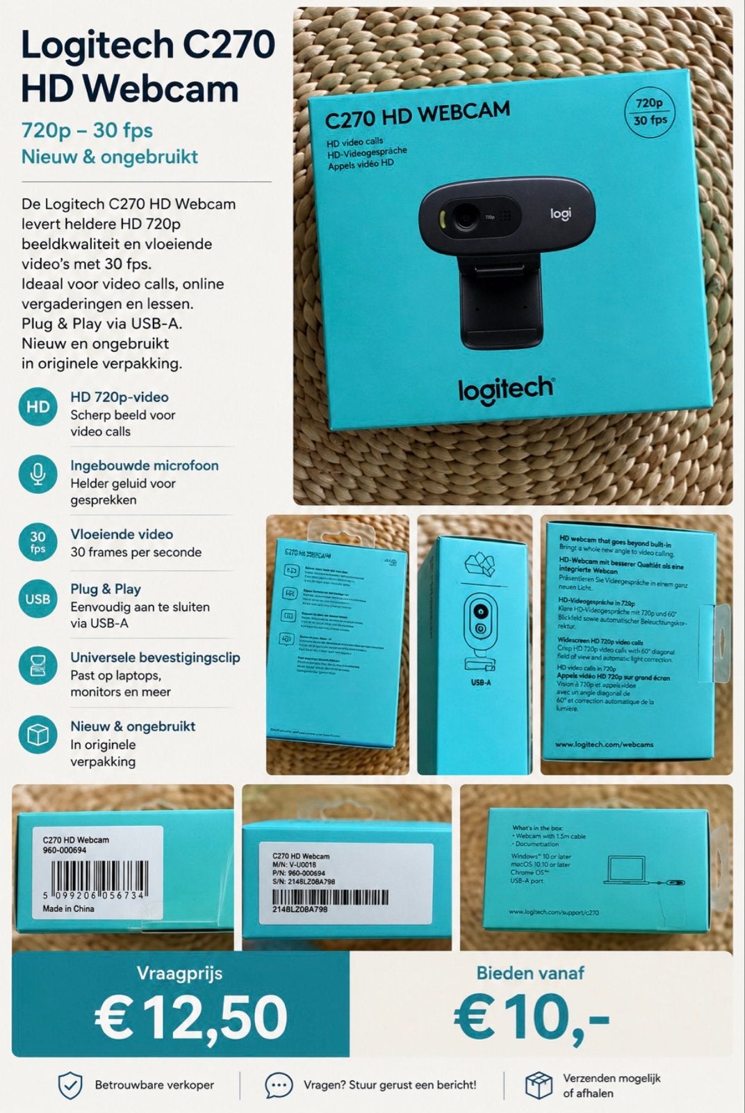 Logitech C270 HD Webcam - Nieuw en ongebruikt, Computers en Software, Webcams, Nieuw, Ophalen of Verzenden, ChromeOS, Monitorclip