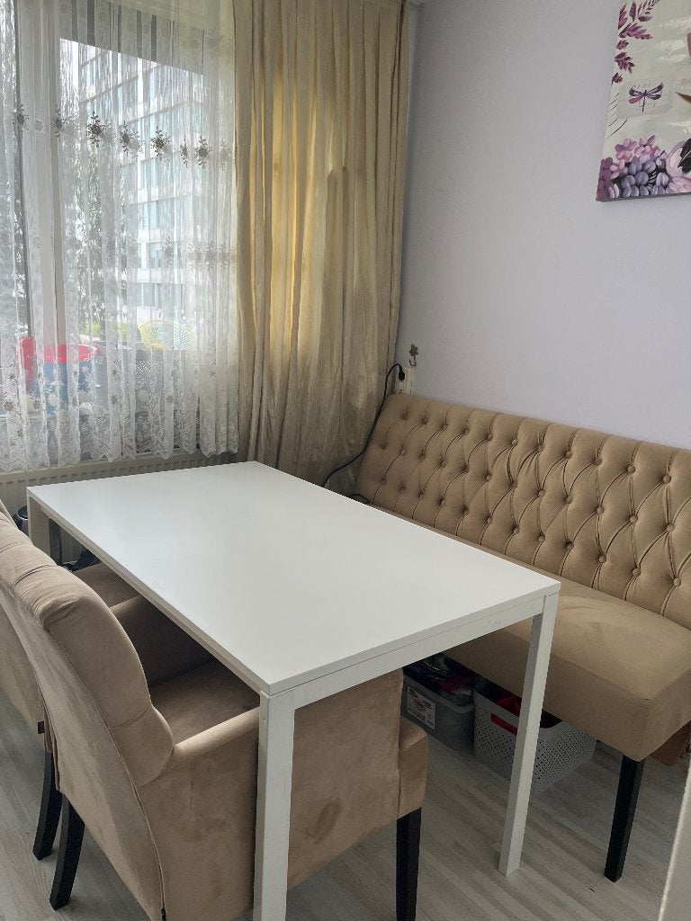 Beige eetbank 153 cm + 2 eetkamerstoelen – mooie set, Huis en Inrichting, Ophalen, Twee, Overige kleuren, Zo goed als nieuw