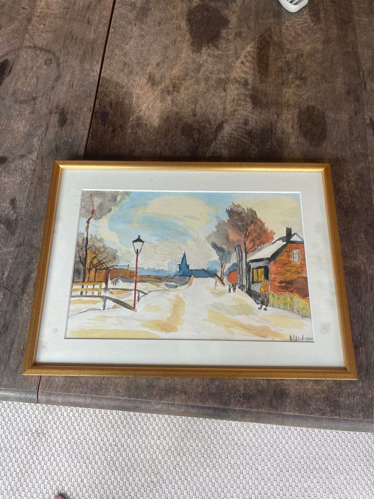 Sfeervol winters dorpsgezicht aquarel, gesigneerd, Ophalen, Realistisch, Gesigneerd, Aquarel