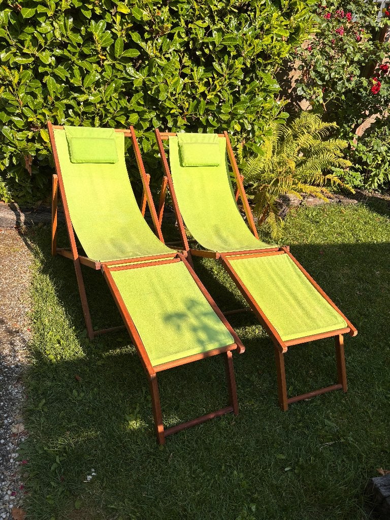2 strandstoelen/ ligstoelen hout. Inlusief voetsteunen, Ophalen, Gebruikt, Hout, Inklapbaar