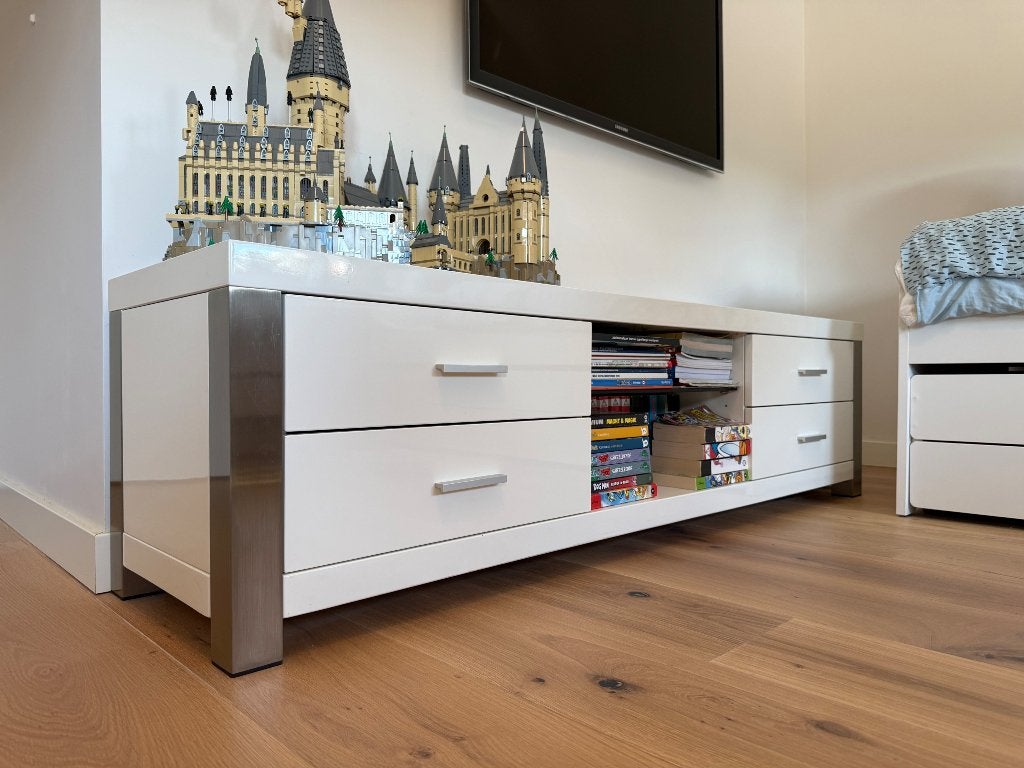 TV meubel wit hoogglans | 178 cm breed | RVS look, Ophalen, Gebruikt, 150 tot 200 cm, Glas