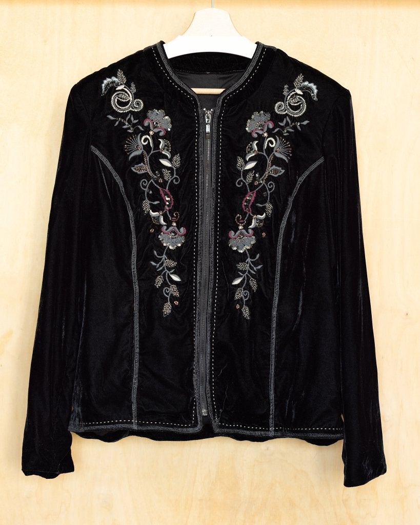 Zwart velours fluwelen jasje met geborduurde bloemen L 42, Kleding | Dames, Zwart, Maat 42/44 (L), Ophalen of Verzenden, Zo goed als nieuw