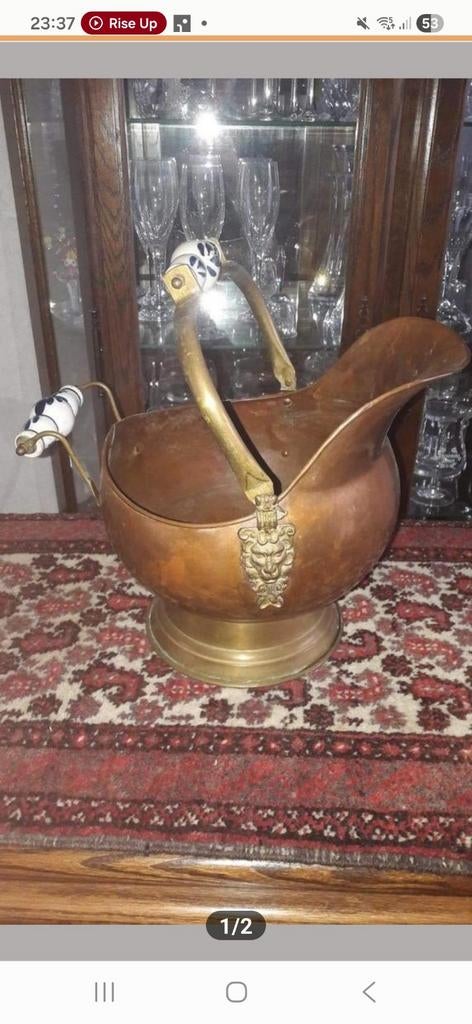Antieke Koperen Kolenkit / Haardstel Emmer met Porselein, Ophalen