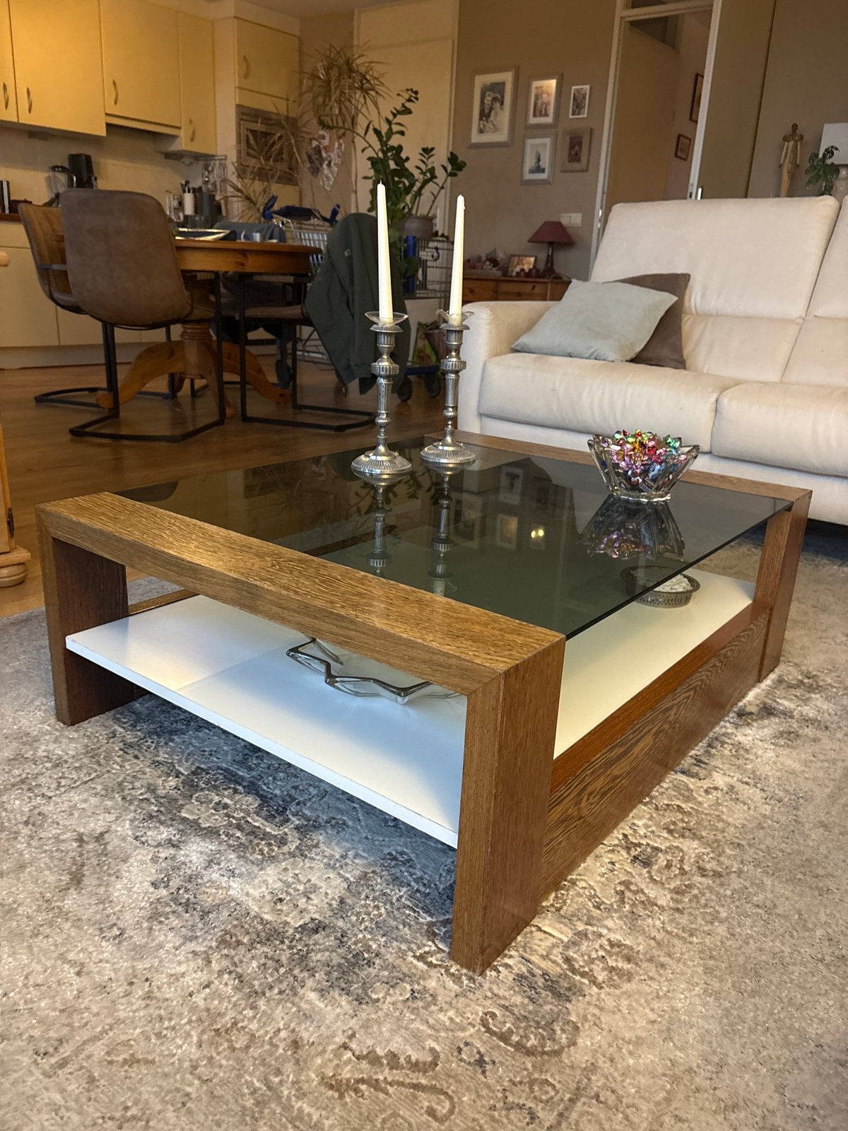 Salon tafel hout met glasplaat, Ophalen, Gebruikt, 100 tot 150 cm, 50 tot 100 cm