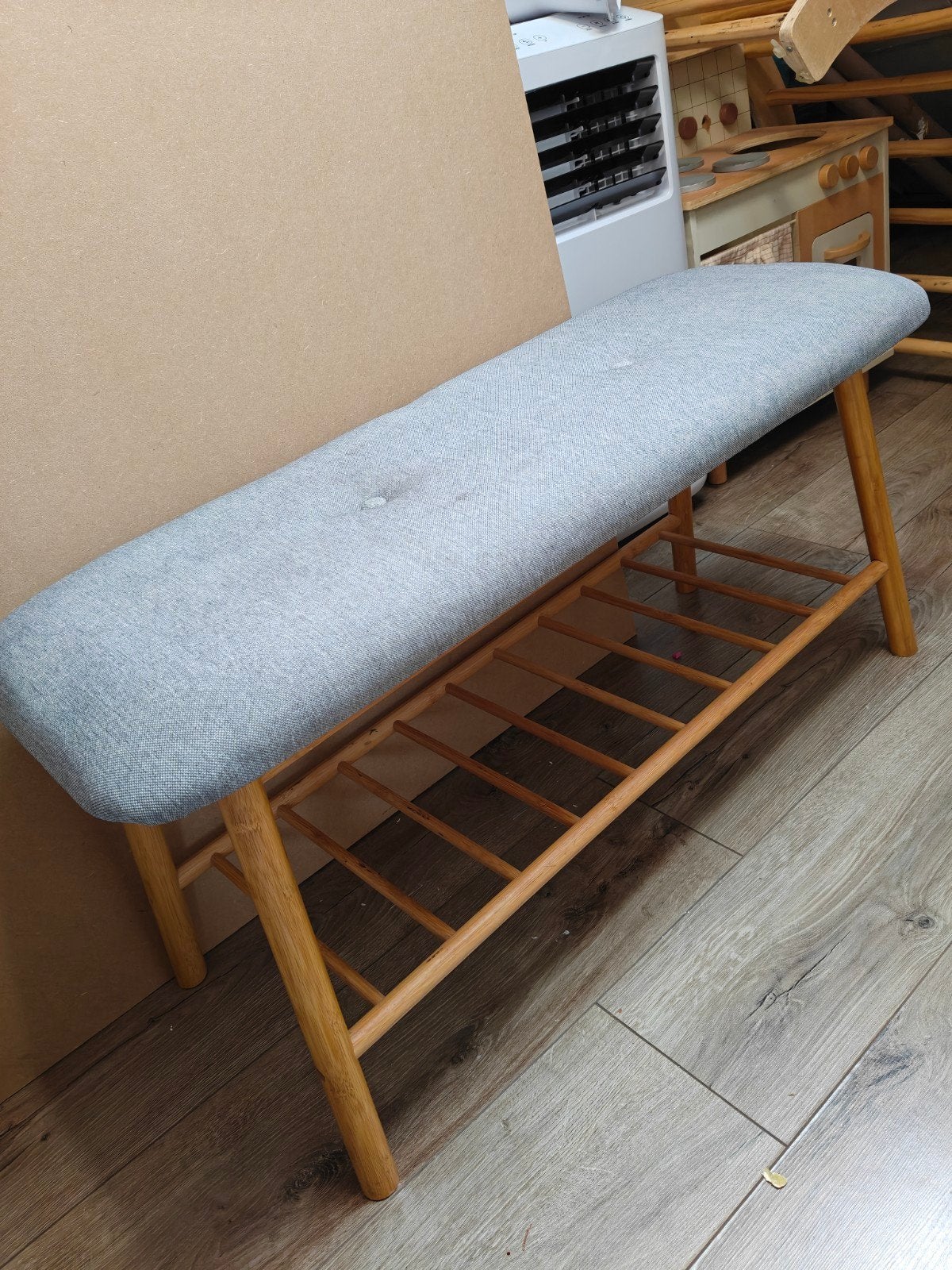 Halbankje bamboe met grijze stoffen zitting, Ophalen, Hout, Gebruikt, Minder dan 75 cm