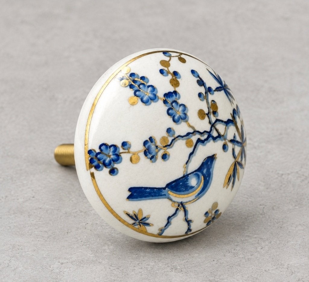 Porseleinen kastknop blauw/goudkleurige opdruk, Ophalen of Verzenden, Nieuw