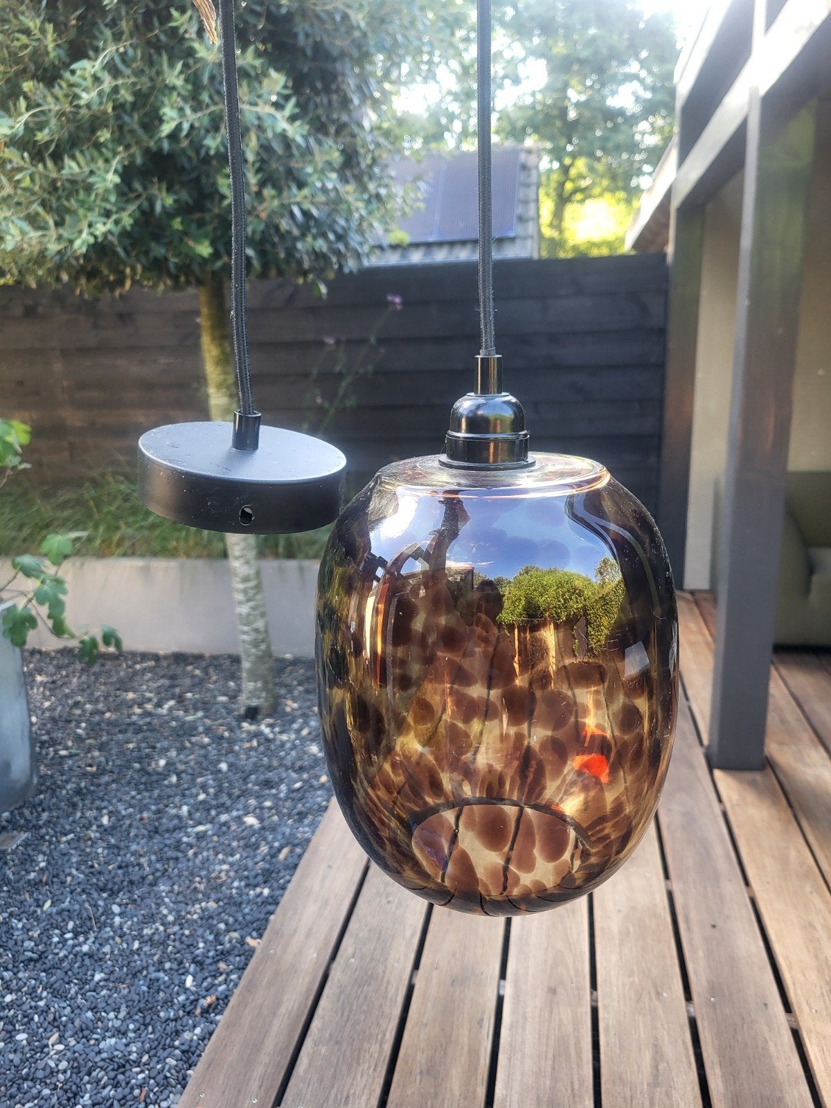 3 stuks: Glazen hanglamp met luipaardprint - 20x17 cm, Ophalen, Gebruikt, Glas, E27 (groot)