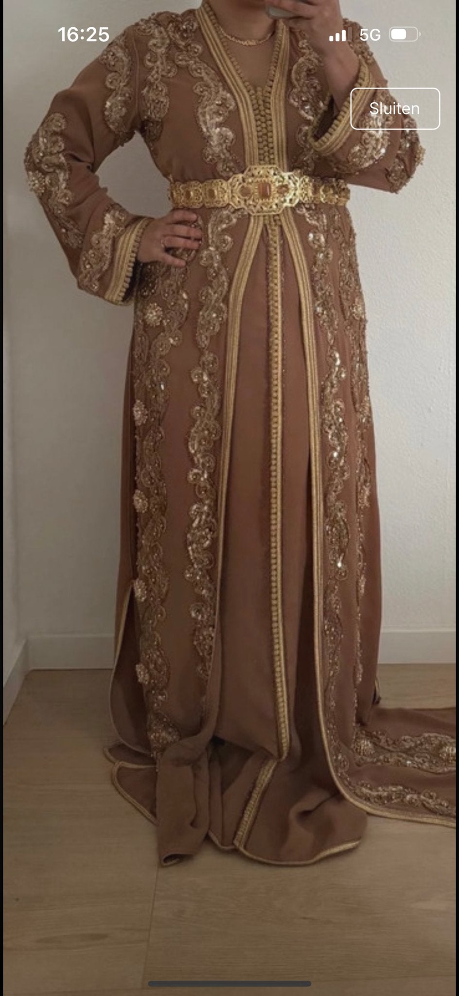 Elegante Marokkaanse Takshita/Kaftan - Bruin met Goud, Maat 38/40 (M), Bruin, Ophalen of Verzenden, Zo goed als nieuw
