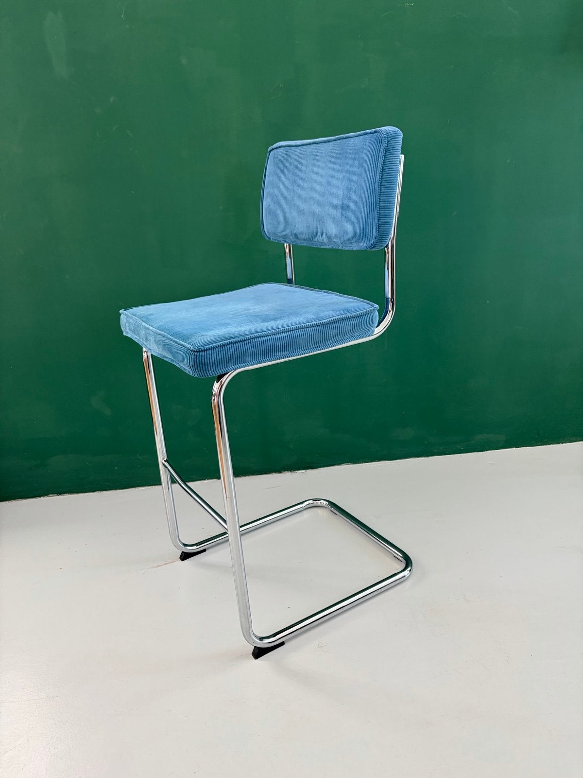 Vintage Hoge Buisframe Stoel met Ribstof - Blauw, Gebruikt, Blauw, Ophalen of Verzenden, Metaal
