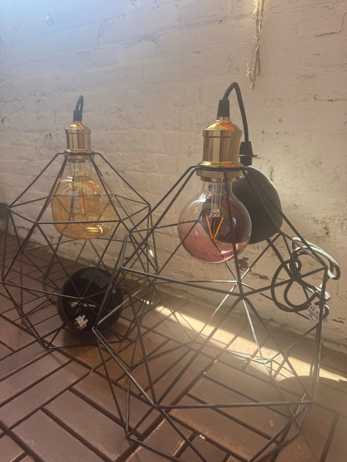 Set van 2 industriële hanglampen met kooiconstructie, Ophalen, Zo goed als nieuw, Metaal, Minder dan 50 cm