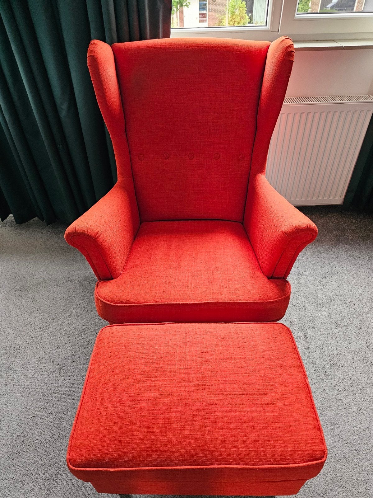 IKEA Fauteuil met Voetenbank - Oranje, Gebruikt, Ophalen, Gebruikt, 75 tot 100 cm, 75 tot 100 cm