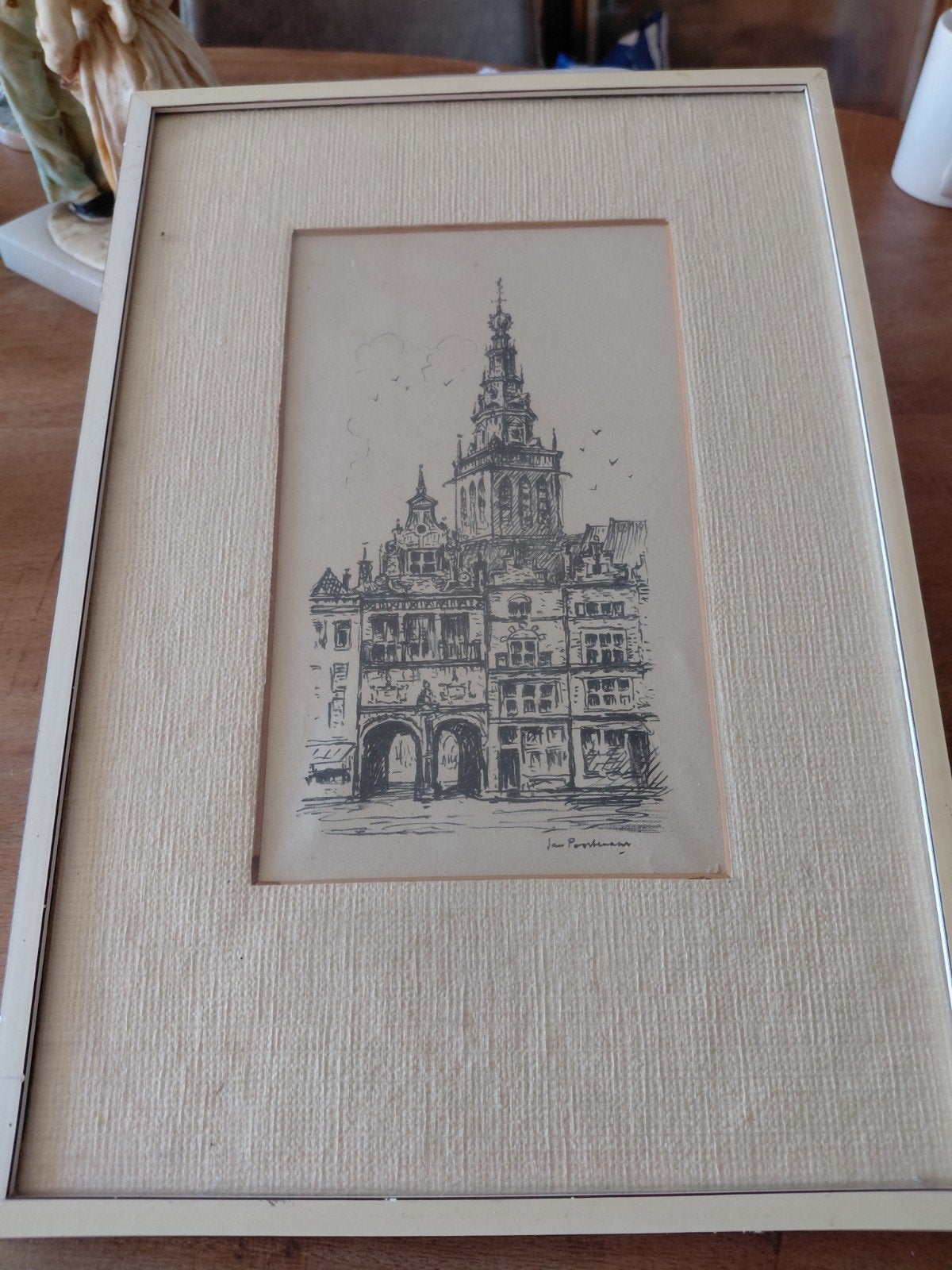 Gesigneerde tekening Jan Poortenaar - Nijmegen, Ophalen of Verzenden, Tekening, Potloodtekening, Ingelijst