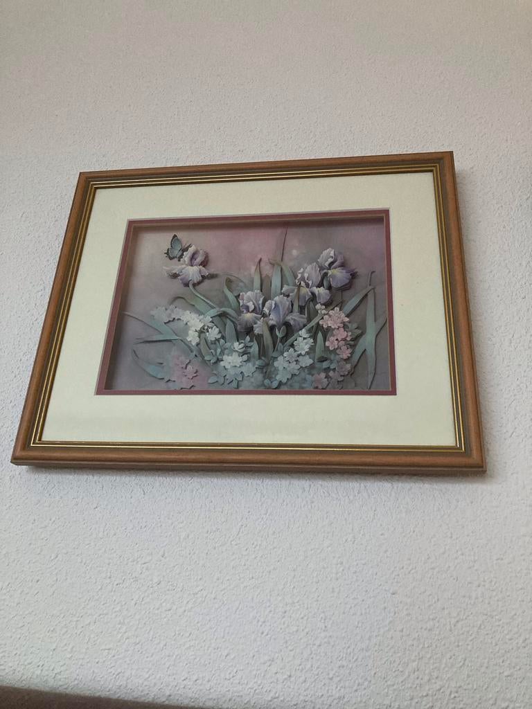 3D Bloemen Schilderij met Vlinder - Ingelijst, Antiek en Kunst, Ophalen of Verzenden
