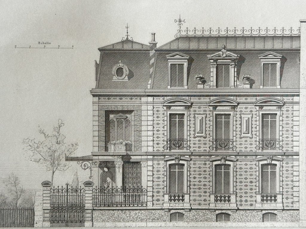 Antieke gravure, 1877: Architectuur, tekening facade, Parijs, Antiek en Kunst, Kunst | Etsen en Gravures, Ophalen of Verzenden
