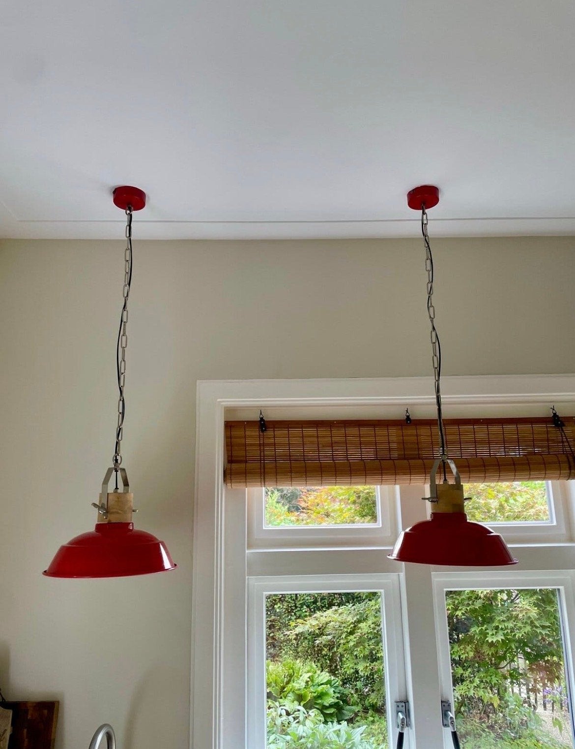 2x Loods 5 emaille lampen met houten detail, grote fitting, Ophalen of Verzenden, Zo goed als nieuw, Metaal, E27 (groot)