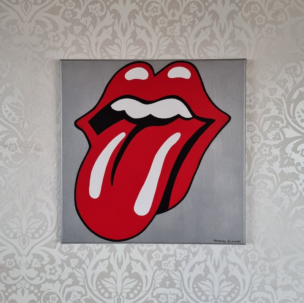 The Rolling Stones canvas handgeschilderd 50x50 cm zilver, Verzenden, Handgeschilderd, Acrylverf, Muziek