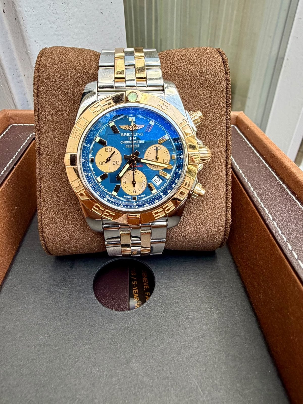 Breitling Chronomat 44 Goud/Staal Blauwe Wijzerplaat, Ophalen, Staal, Breitling, Polshorloge