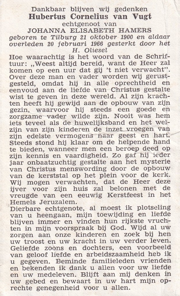 Vugt Hubertus 1900 Tilburg 1966, Ophalen of Verzenden, Bidprentje