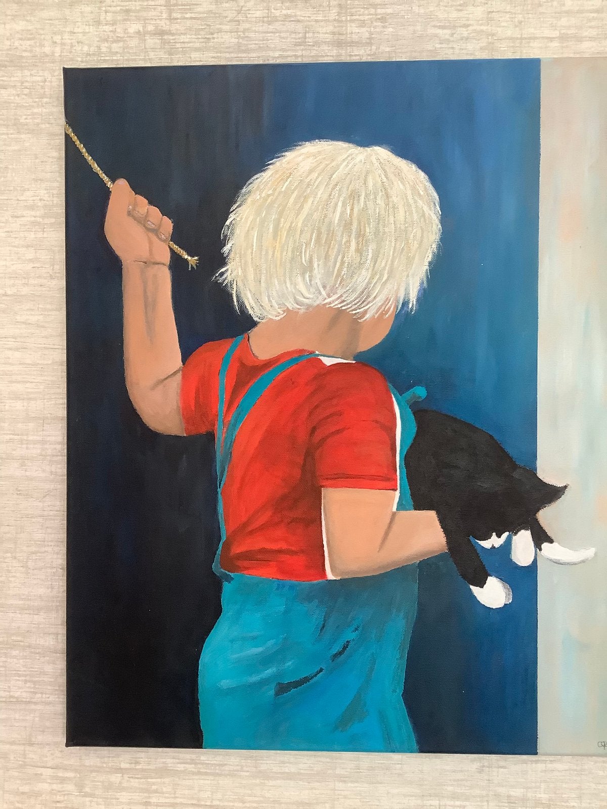 Schilderij in acryl, kind met poes, Ophalen