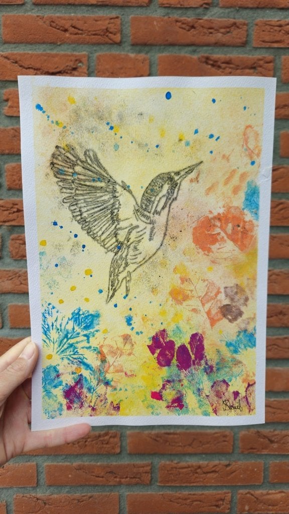 IJsvogel originele tekening op A4 - kleurrijk, Antiek en Kunst, Ophalen of Verzenden, Tekening, Gemengde techniek, Handgemaakt