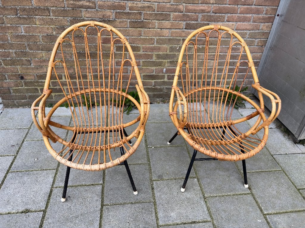 2 vintage rotan fauteuils jaren 60 – set – Rohé-stijl, Huis en Inrichting, Ophalen, Gebruikt, Twee, Bruin