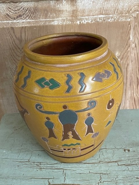 Vintage bloempot Geglazuurd terracotta. Prehistorisch motief, Tuin en Terras, Ophalen, Rond, Zo goed als nieuw, Balkon