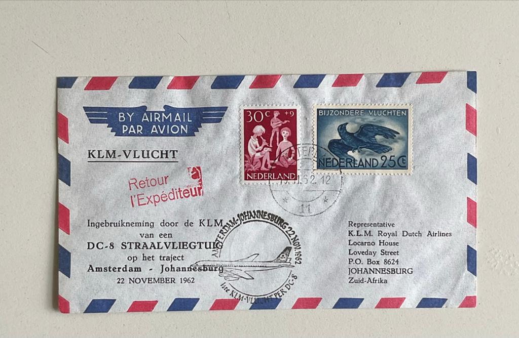 KLM DC-8 Straalvliegtuig 1e Vlucht Amsterdam-Johannesburg, Postzegels en Munten, Brieven en Enveloppen | Nederland, Ophalen of Verzenden