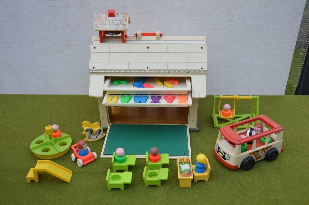 Vintage Fisher Price school met schoolbus uit 1971+10 poppet, Ophalen of Verzenden, Gebruikt, Speelset
