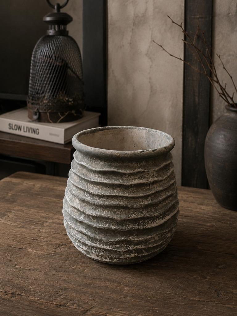 PTMD Stenen Vaas/Pot - Lichtgrijs, Stoer Landelijk Design, Huis en Inrichting, Woonaccessoires | Vazen, Ophalen of Verzenden