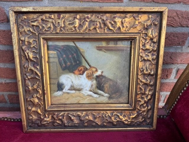 schilderij: RUST NA DE JACHT, Paneel, Dieren, Ophalen of Verzenden, Origineel werk