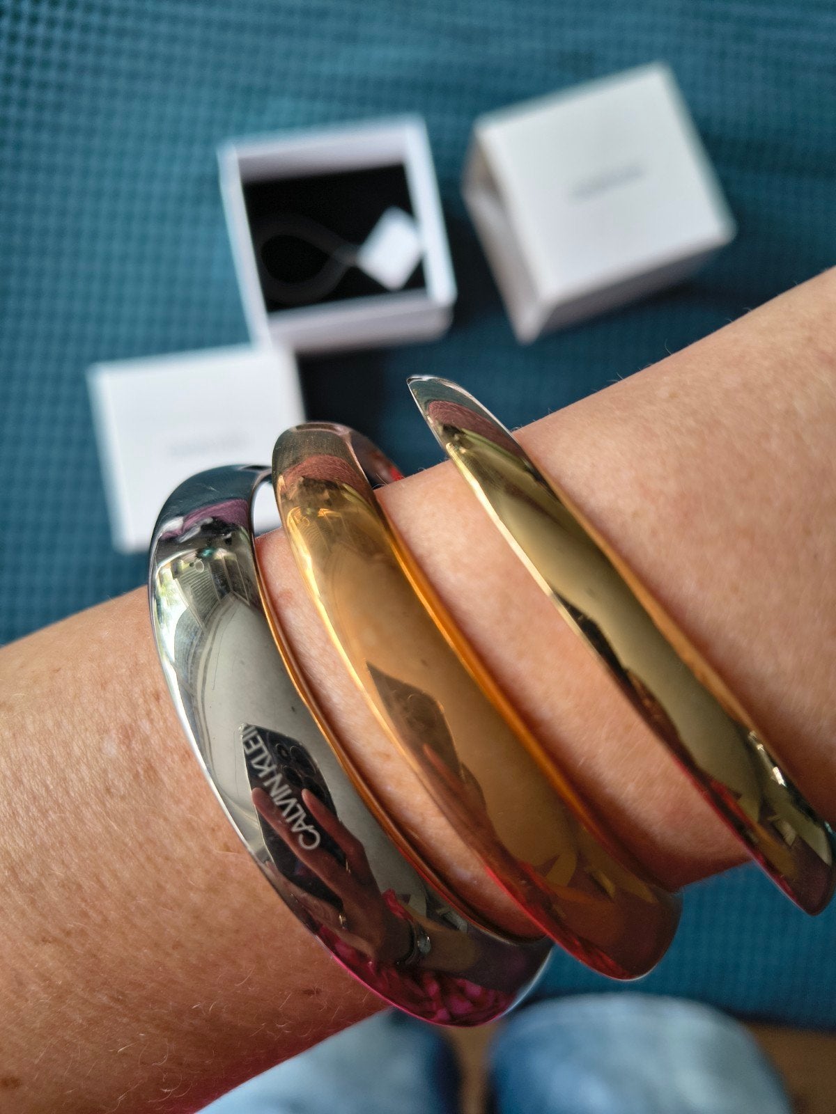 Set van 3 Calvin Klein armbanden: zilver, goud, roségoud, Ophalen of Verzenden, Zo goed als nieuw, Overige kleuren, Overige materialen
