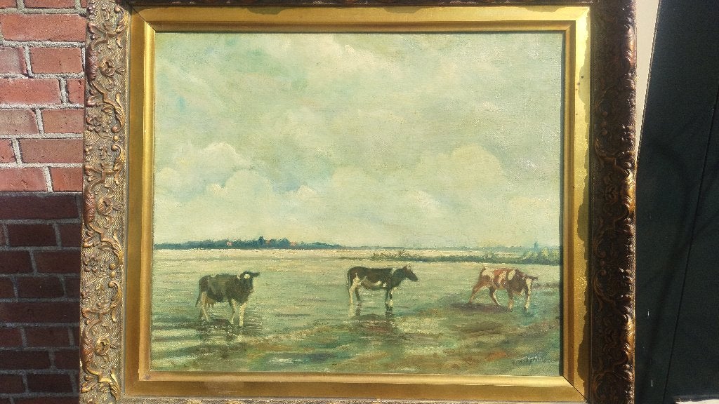 R. Wijngaard - Koeien in rivier, Nederlandse school, Doek, Ophalen of Verzenden, Bijzondere lijst