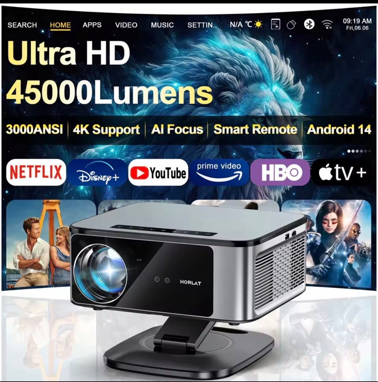 HORLAT Ultra HD Projector - 4K Ondersteuning, Android 14, Ophalen of Verzenden, Nieuw, LED, Ultra HD (4K)