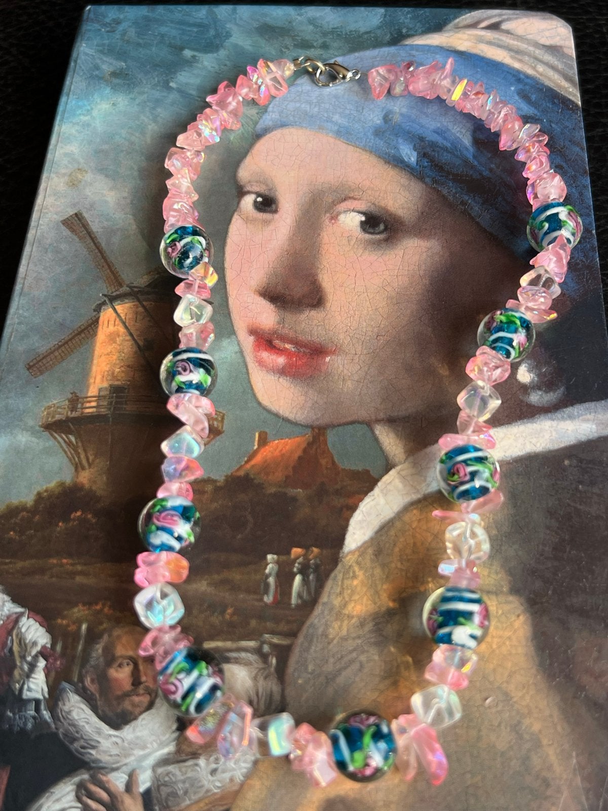 Roze en blauwe kralenketting  Murano met bloemmotief, Ophalen of Verzenden, Zo goed als nieuw, Roze, Overige materialen