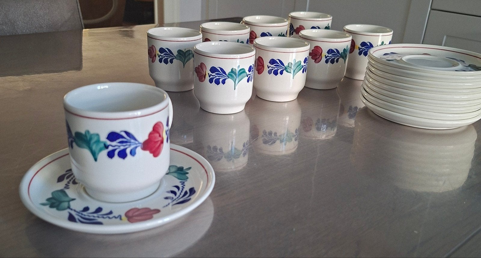 Negen Boerenbont koffiekopjes met schotels, Ophalen, Gebruikt, Overige merken, Keramiek