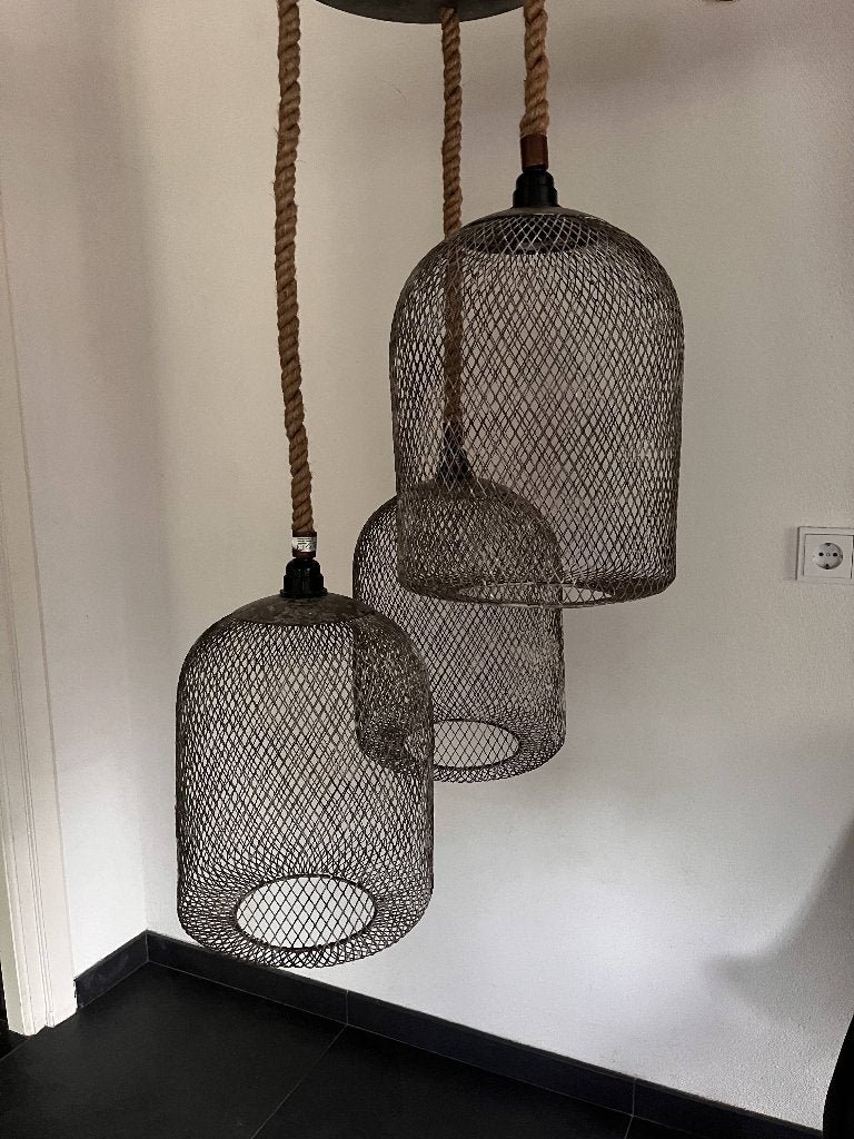 Sfeervolle hanglamp met 3 kappen van ijzeren gaas, Ophalen, Landelijk, Zuid Amerikaans, E27 (groot), Zo goed als nieuw
