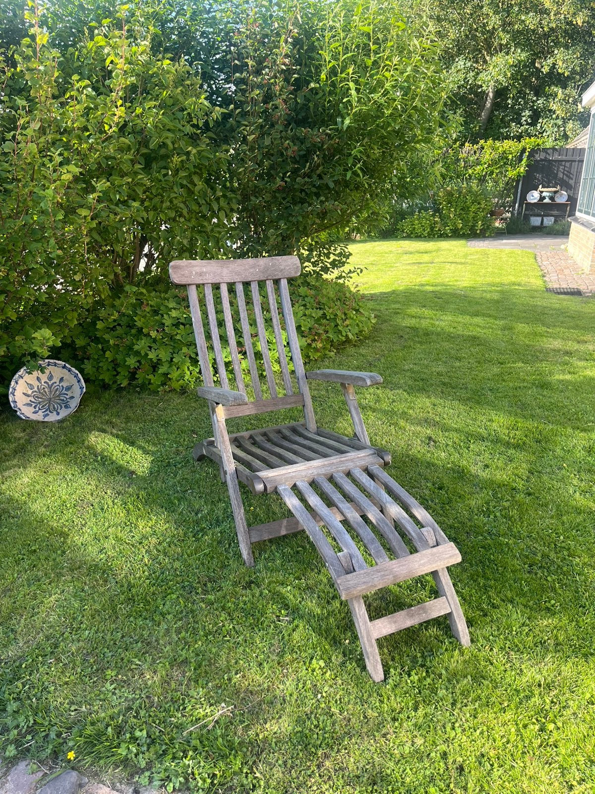 Klassieke teak tuinstoel, Ophalen of Verzenden, Gebruikt, Hout, Verstelbaar