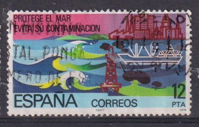 Spanje 1978 Mileubescherming meren schepen boortoren, Verzenden, Gestempeld, Dier of Natuur