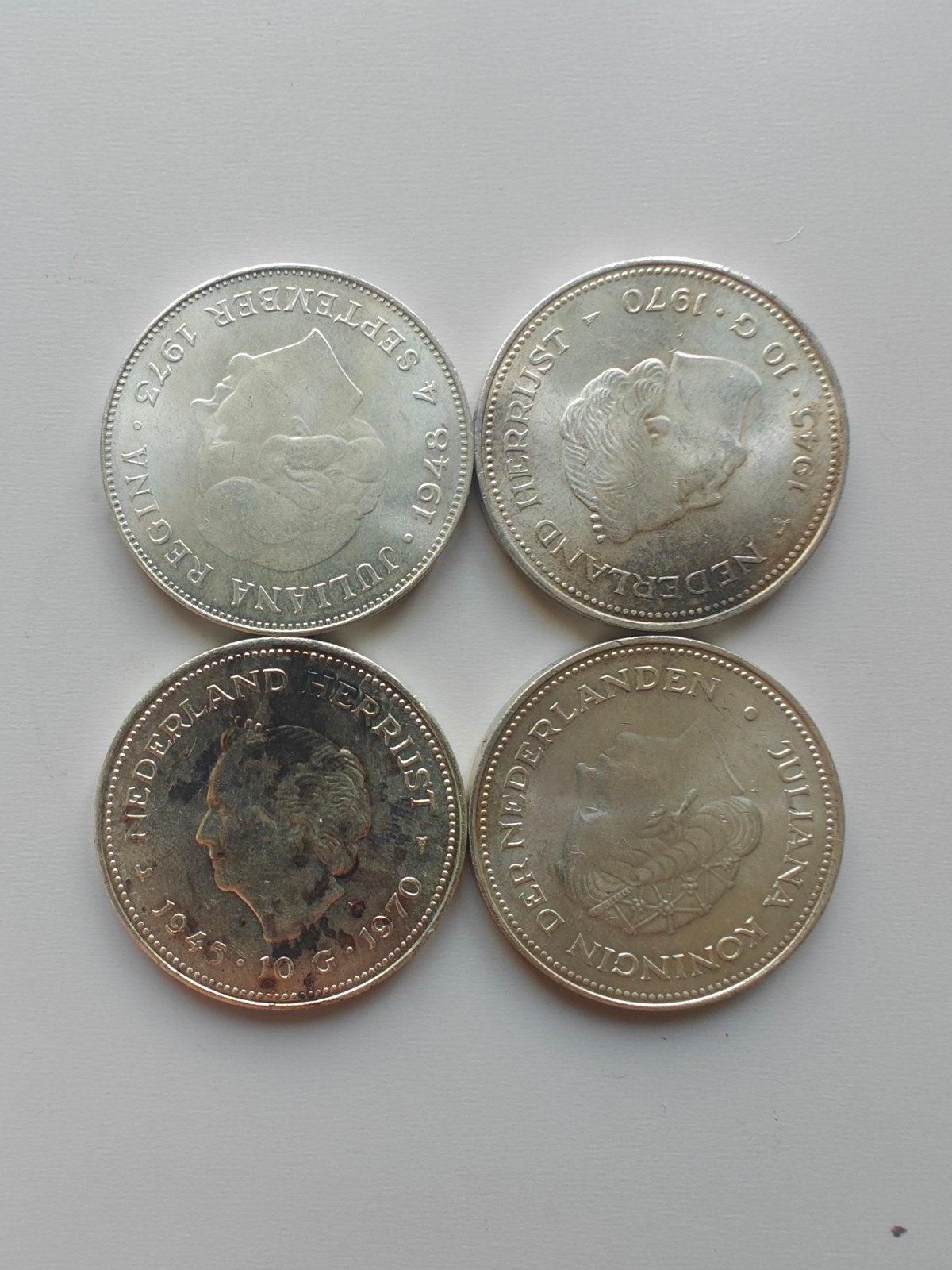 4 zilveren 10 gulden munten 1970-1973 Juliana, Postzegels en Munten, Munten | Nederland, Koningin Juliana, Setje, Zilver, Ophalen of Verzenden