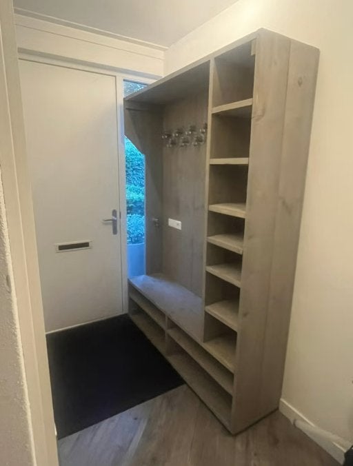 Grote, handgemaakte, steigerhouten kapstok met schoenenkast, Ophalen, Gebruikt